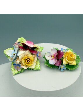 Vintage Hand Painted Porcelain Rose Brooches Made in England Yellow Pink Roses